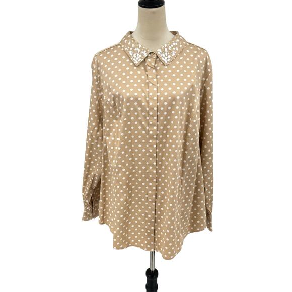 Lane Bryant NWT Tan & White Polka Dot Rhinestone Jewel Collar Button Up Shirt - Picture 1 of 11